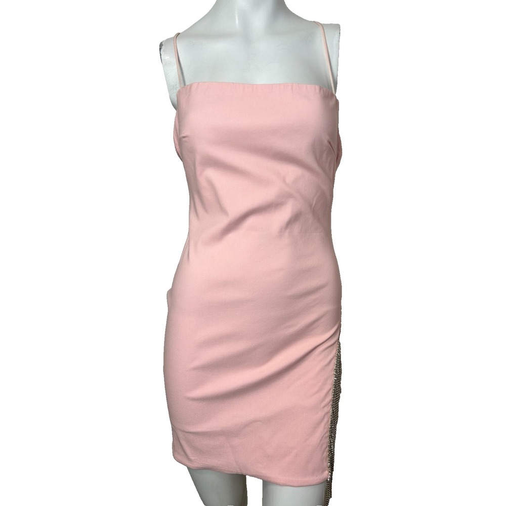 White Fox Mini Dress Size Medium Pink Rhinestone Trim Open Back Come Back NWT - Picture 2 of 10